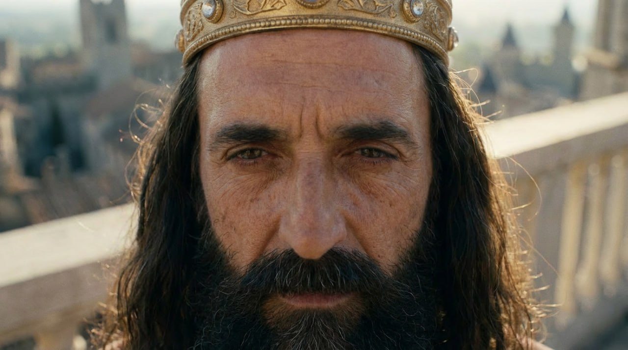Close portrait of a bearded king in a gold crown, looking straight into the lens, a hazy medieval city behind him.
