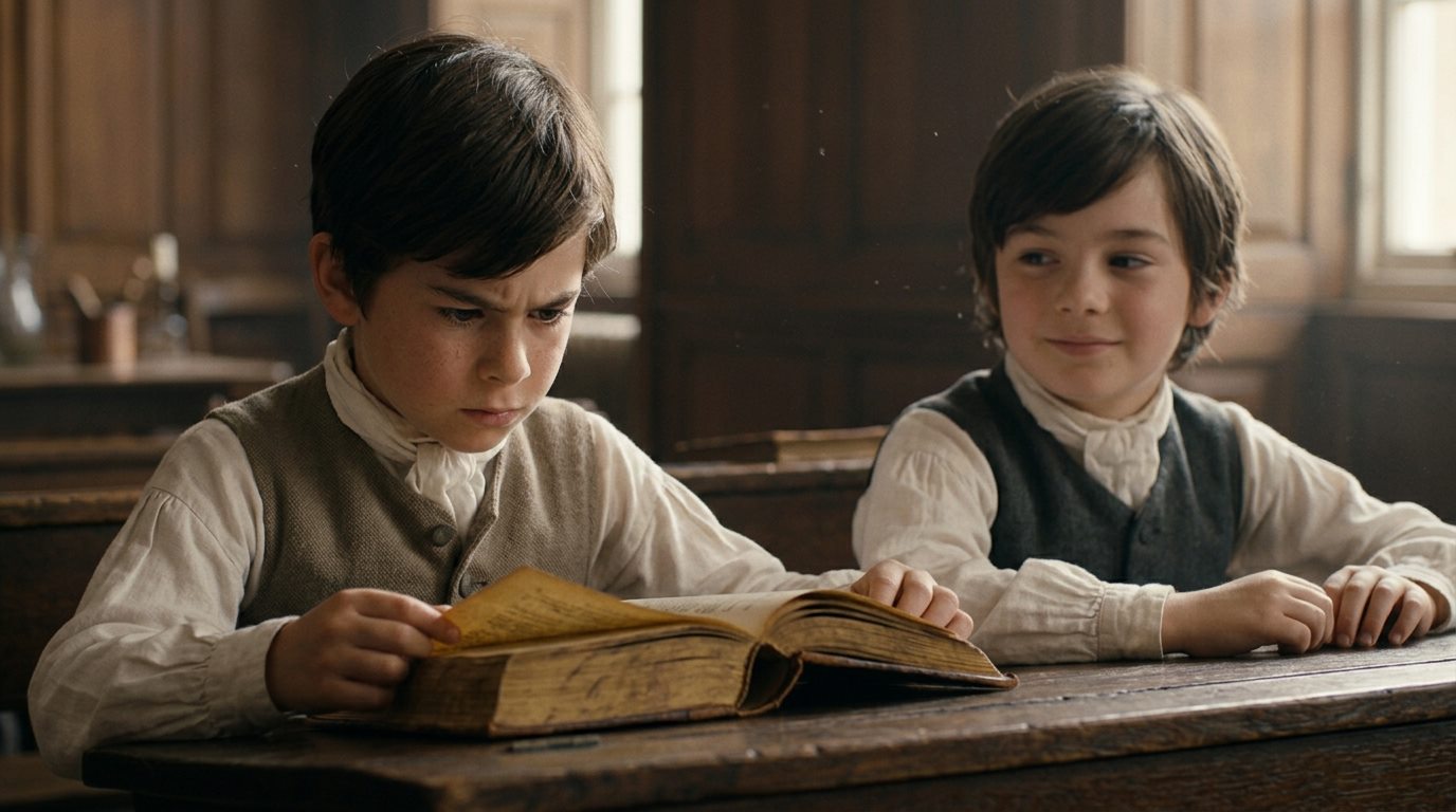 Two boys at a wooden schoolroom desk — one frowning over an open book, the other watching him with a faint smile.